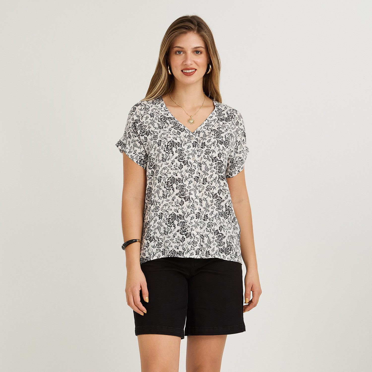 Blusa Manga Corta Estampada con Lurex Crudo